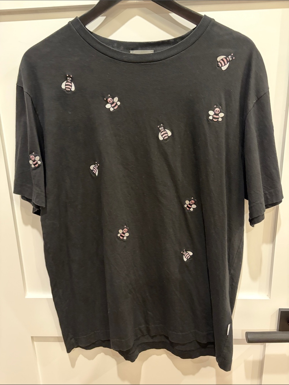 Dior Black Short Sleeve Tee with Pink Bee Embroidery